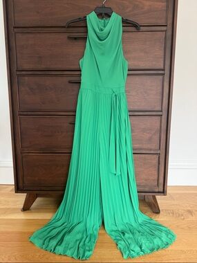 Halston Heritage Emerald Green Pleated Halter Jumpsuit, 0